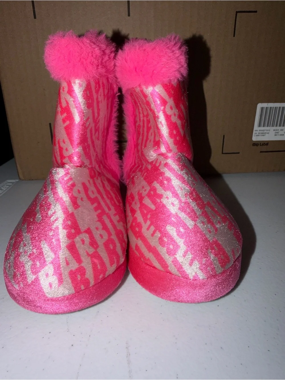 Mattel Girls Pink Glitter Plush Slip-On Slippers